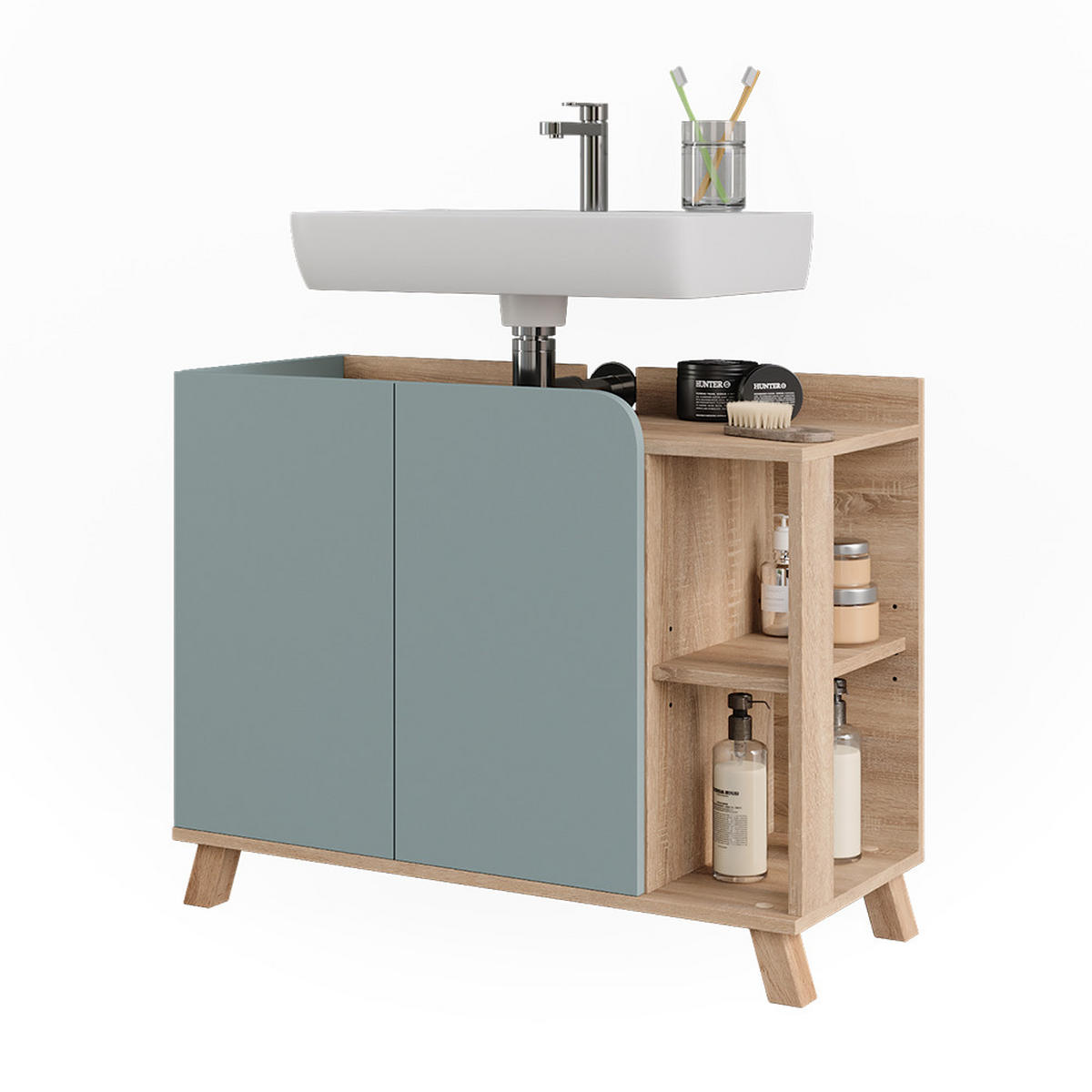 WASCHBECKENUNTERSCHRANK Karen Sonoma/Blau 80 x 65 cm mit 2 Türen - Dunkelblau/Sonoma Eiche, Holzwerkstoff (80/65/35cm) - Vicco