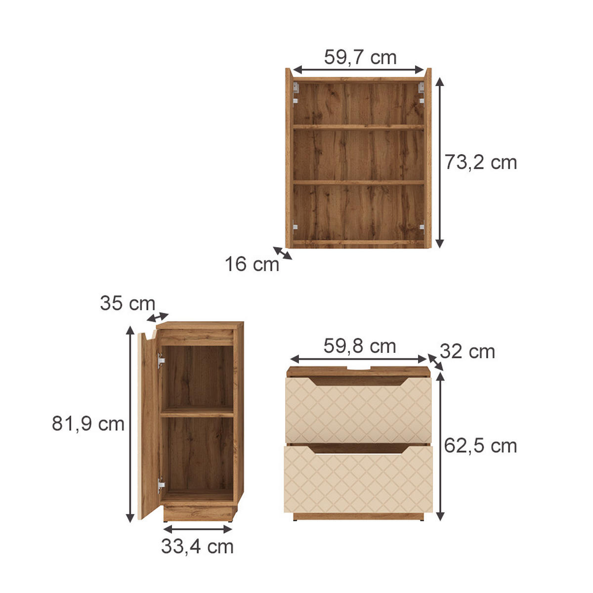 BADMÖBEL-SET Lotta Eiche/Kaschmir mit Kachelstruktur 3 Teile - Kaschmir, Holzwerkstoff (59.8/62.5/32cm) - Vicco