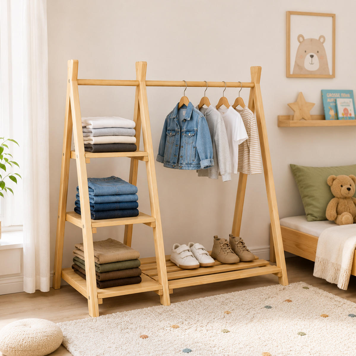 KINDERKLEIDERSTÄNDER Natur Kiefernholz mit Regal 111,5 cm - Hellbraun, Holz (112/111.5/48cm) - Relaxdays