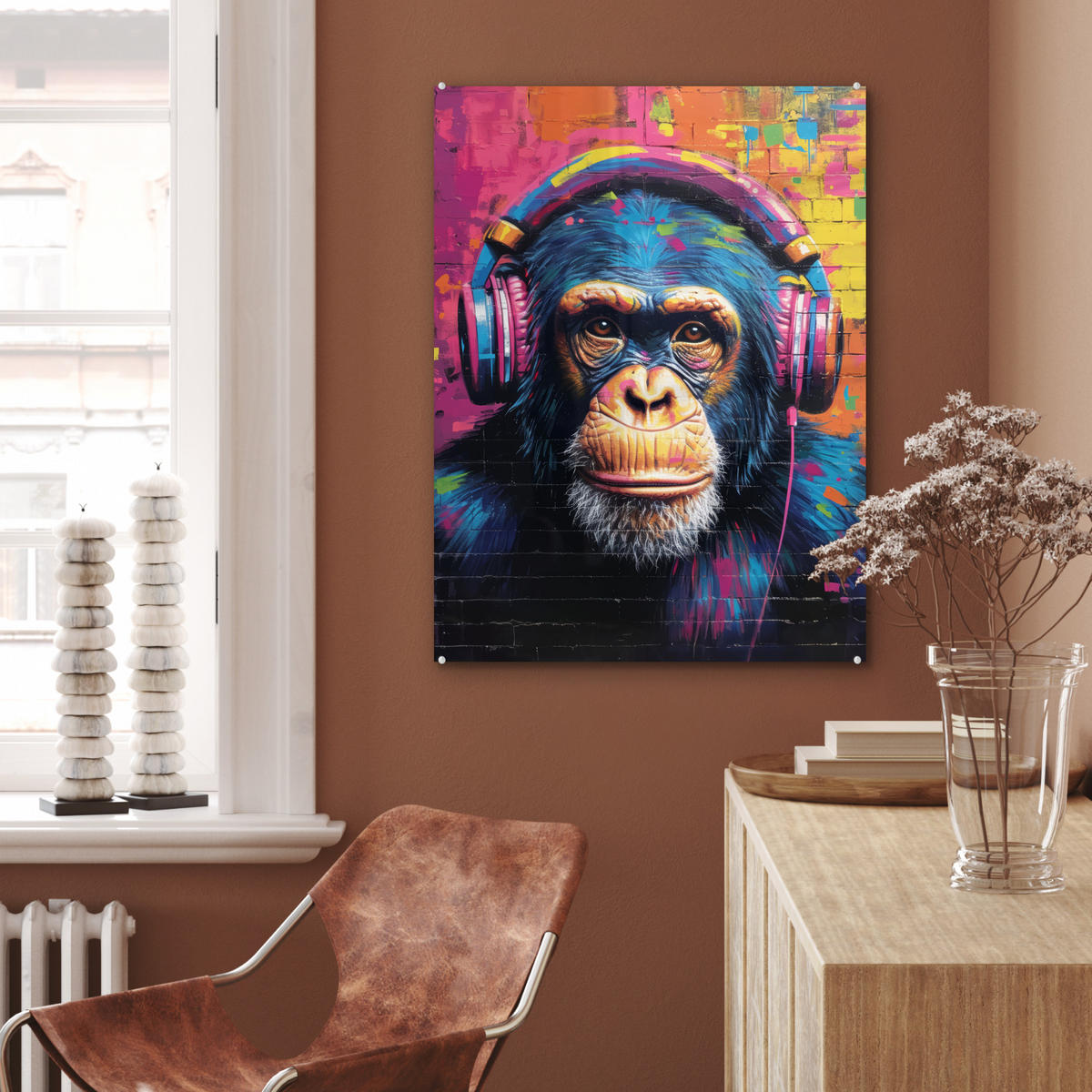 ACRYLGLASBILD Graffiti - Schimpanse - Straßenkunst - Kopfhörer - Affe 60x80 cm - Blau, Glas (60/80cm) - MuchoWow