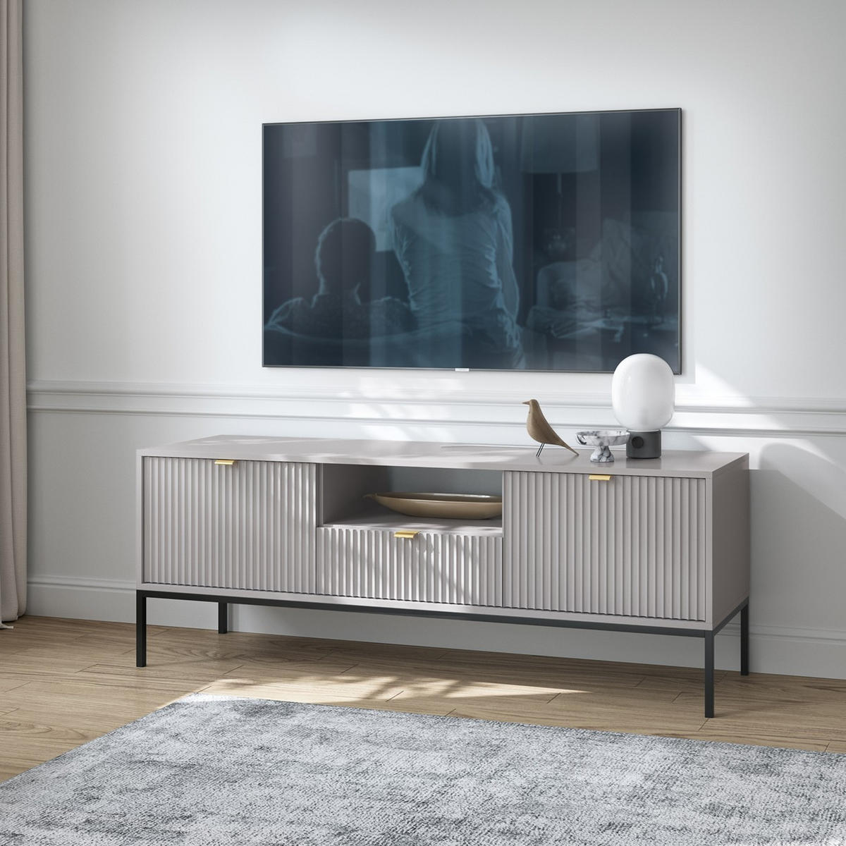GRAUES Modernes Geriffeltes TV-Board KIOTO RTV2D1SZ (Schwarzes Gestell, Soft-Close Türen) - Goldfarben/Schwarz, Holz/Holzwerkstoff (154/56/39cm) - Ravio