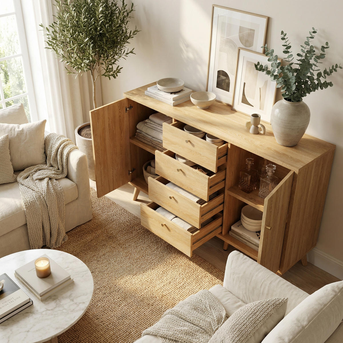 SIDEBOARD 140 cm in Rattan-Optik mit 4 Schubladen - Sonoma Eiche, Holzwerkstoff (140/86/40cm) - Urban Meuble