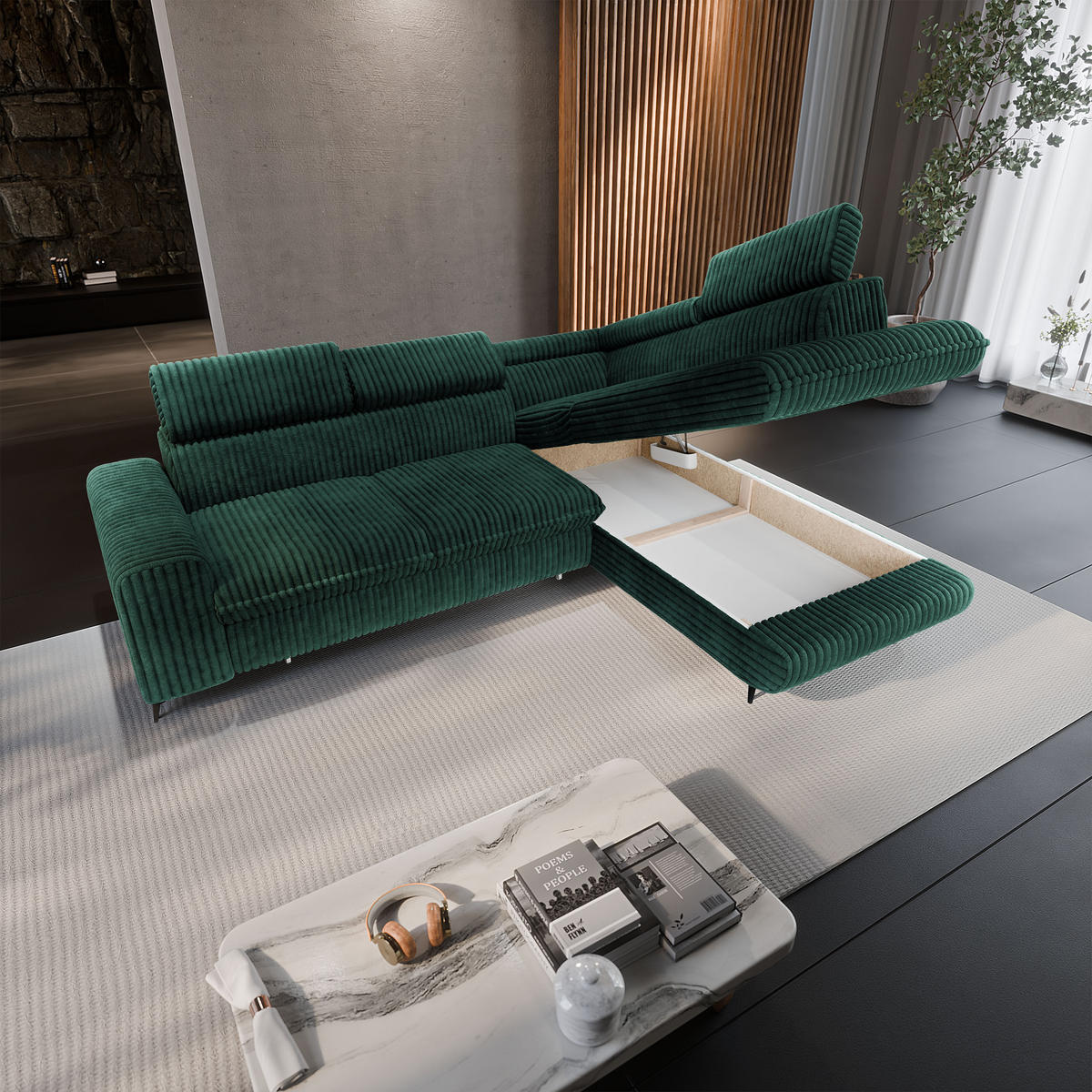 ECKSOFA VELISS Grün Kordstoff mit Schlaffunktion - Grün, Holz (255/193cm) - MASSENO