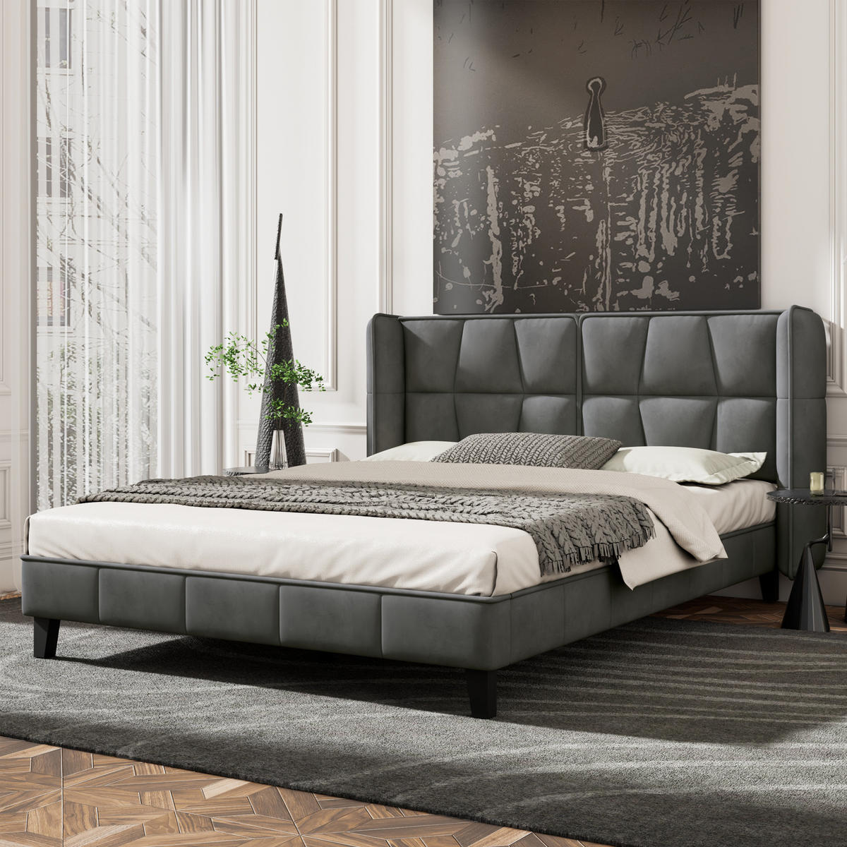 POLSTERBETT 140x200, Samt, Lattenrost, Grau - Grau, Textil (140/200cm)