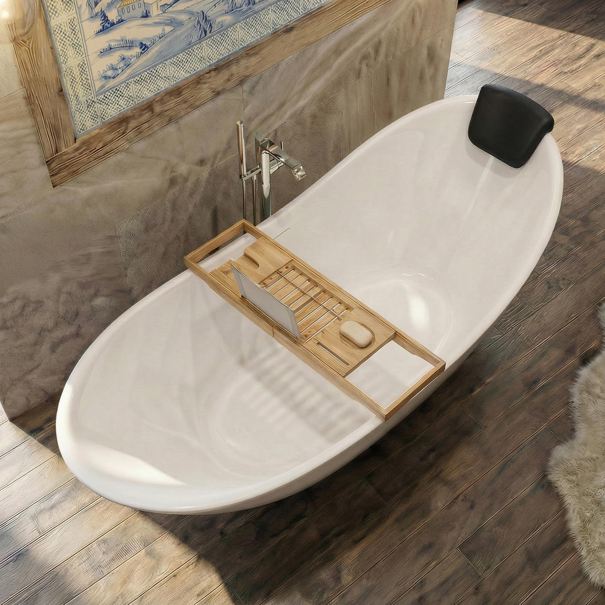 BADEWANNE ivar freistehend 180/80 cm, 4-tlg. Set Bambusablage Kopfstütze kodi Klick-Klack-Ablauf - Weiß, Kunststoff (80/76/180cm) - bad land