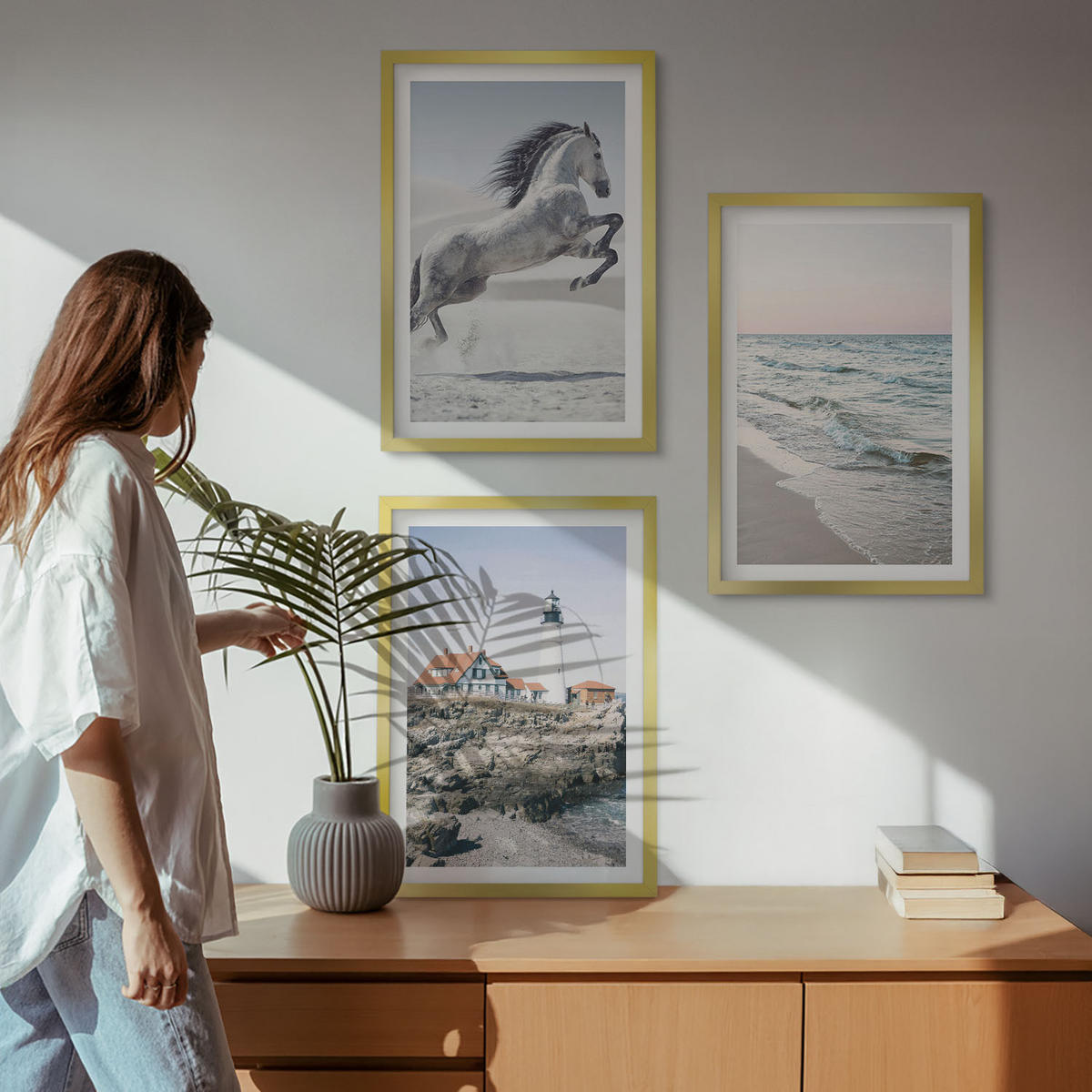 BILDER SET 3er Set - 40x60 cm Goldrahmen - Pferde, Strand, Leuchtturm, Wellen - Goldfarben, Kunststoff (40/60cm) - TULUP