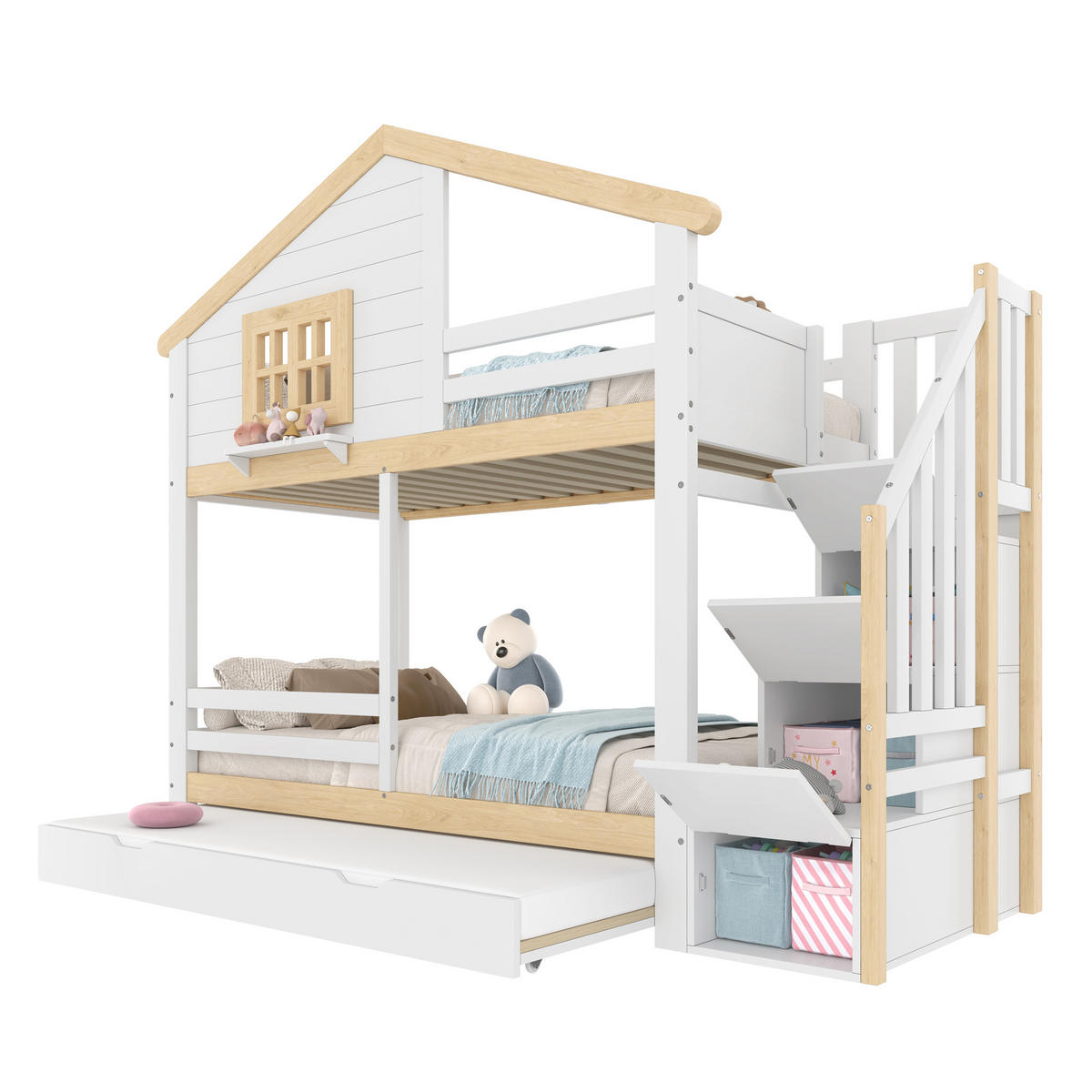 HAUSBETT 90/200 cm Weiß, Natur - Ahornfarben/Weiß, Holz - Raumix