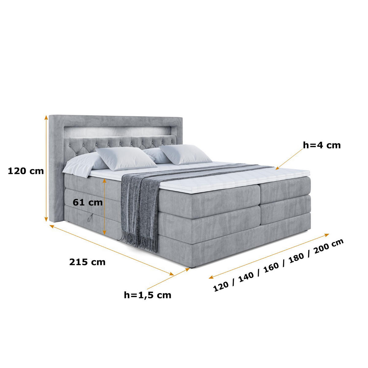 BOXSPRINGBETT NOEL GOLD KING - 180x200 - H3/H4 - Grau - Grau, Holzwerkstoff (180/200cm) - ALTDECOR