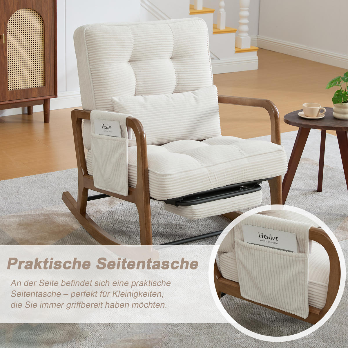 SCHAUKELSTUHL mit Fußstütze, Seitentaschen, Lendenkissen und verstellbarer Rückenlehne, Cord Beige - Beige, Textil (70/92/80cm) - Kaket