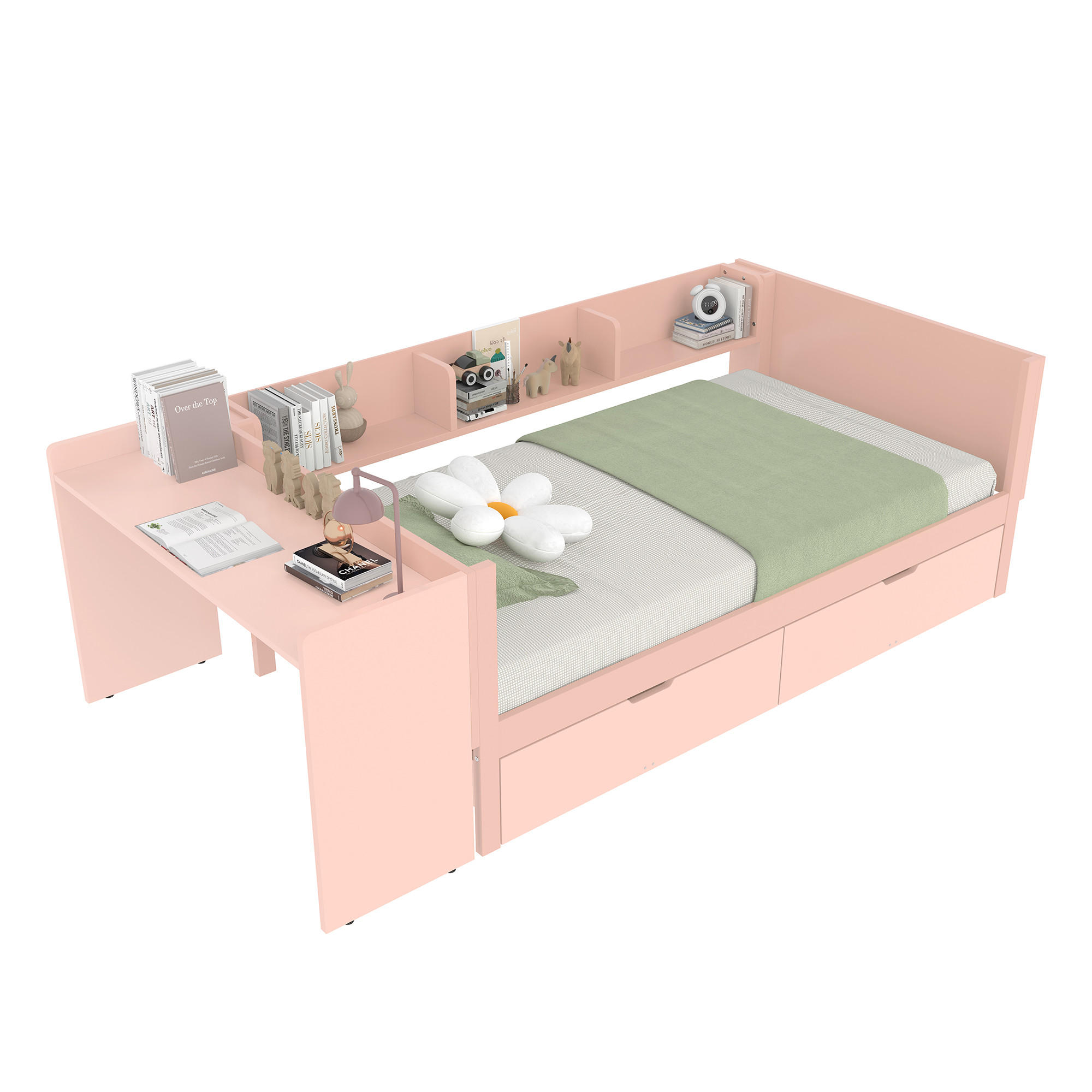 JUGENDBETT 90/200 cm in Rosa mit 2 Schubladen, Schreibtisch und Regal - Rosa, Holz/Holzwerkstoff (90/200cm) - WISHDOR