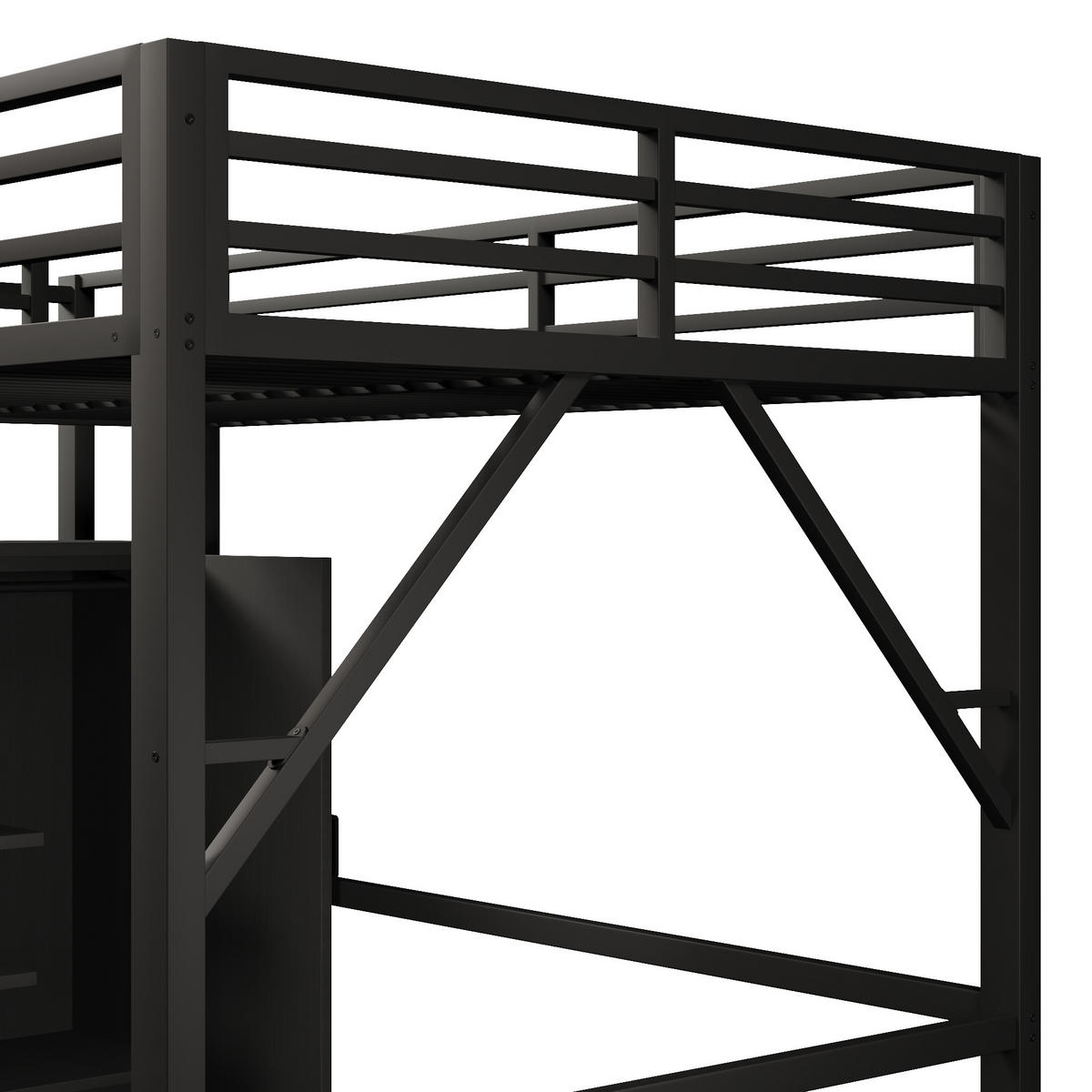 HOCHBETT 140/200 cm in Schwarz mit Kleiderschrank, Staufächern und LED aus Metall im geradlinigen Design - Schwarz, Holzwerkstoff/Metall (140/200cm) - STILVORA