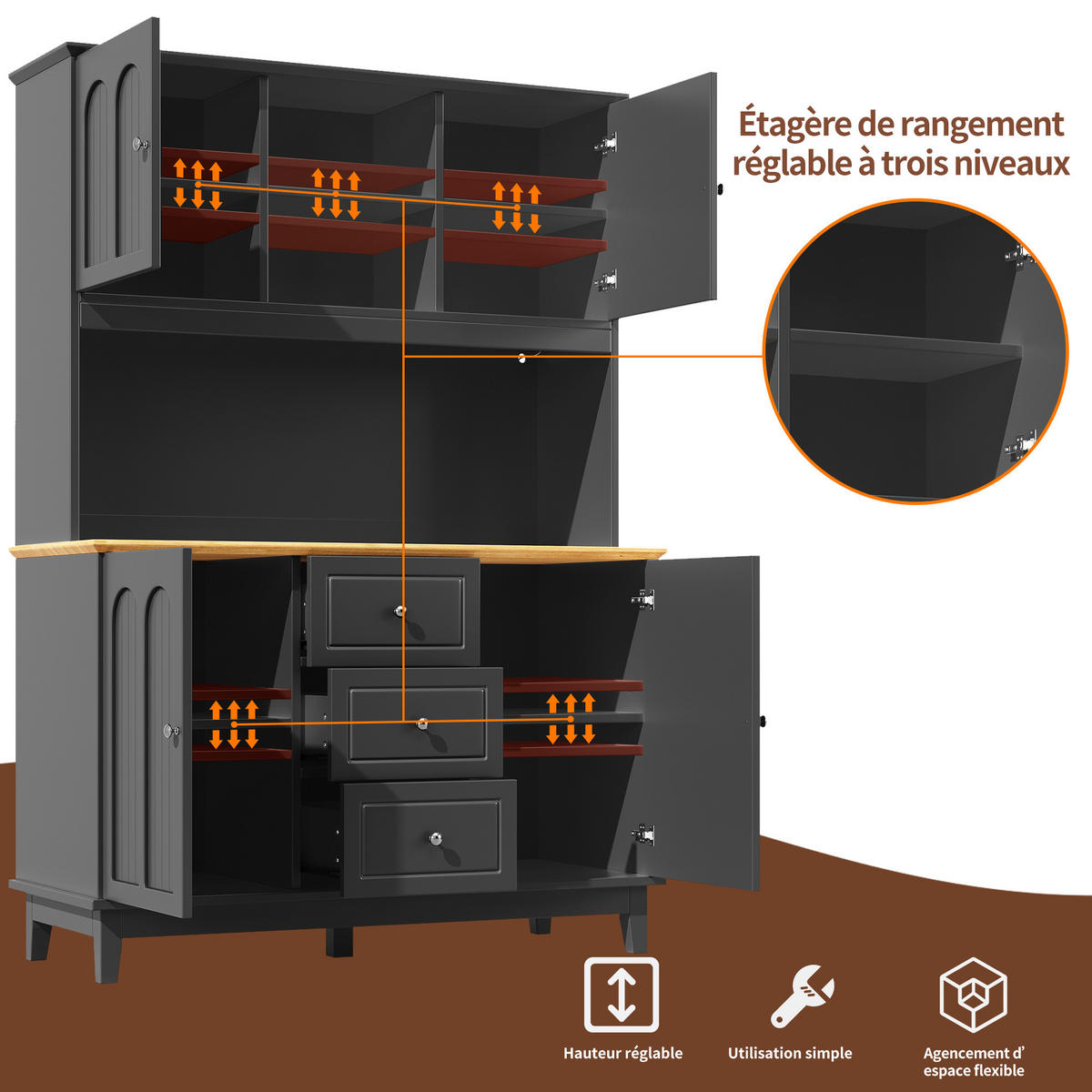 BUFFETSCHRANK Schwarz & Natur mit LED & App-Steuerung, 4 Türen, 3 Schubladen - Schwarz, Holzwerkstoff (120/180/40cm) - Urban Meuble