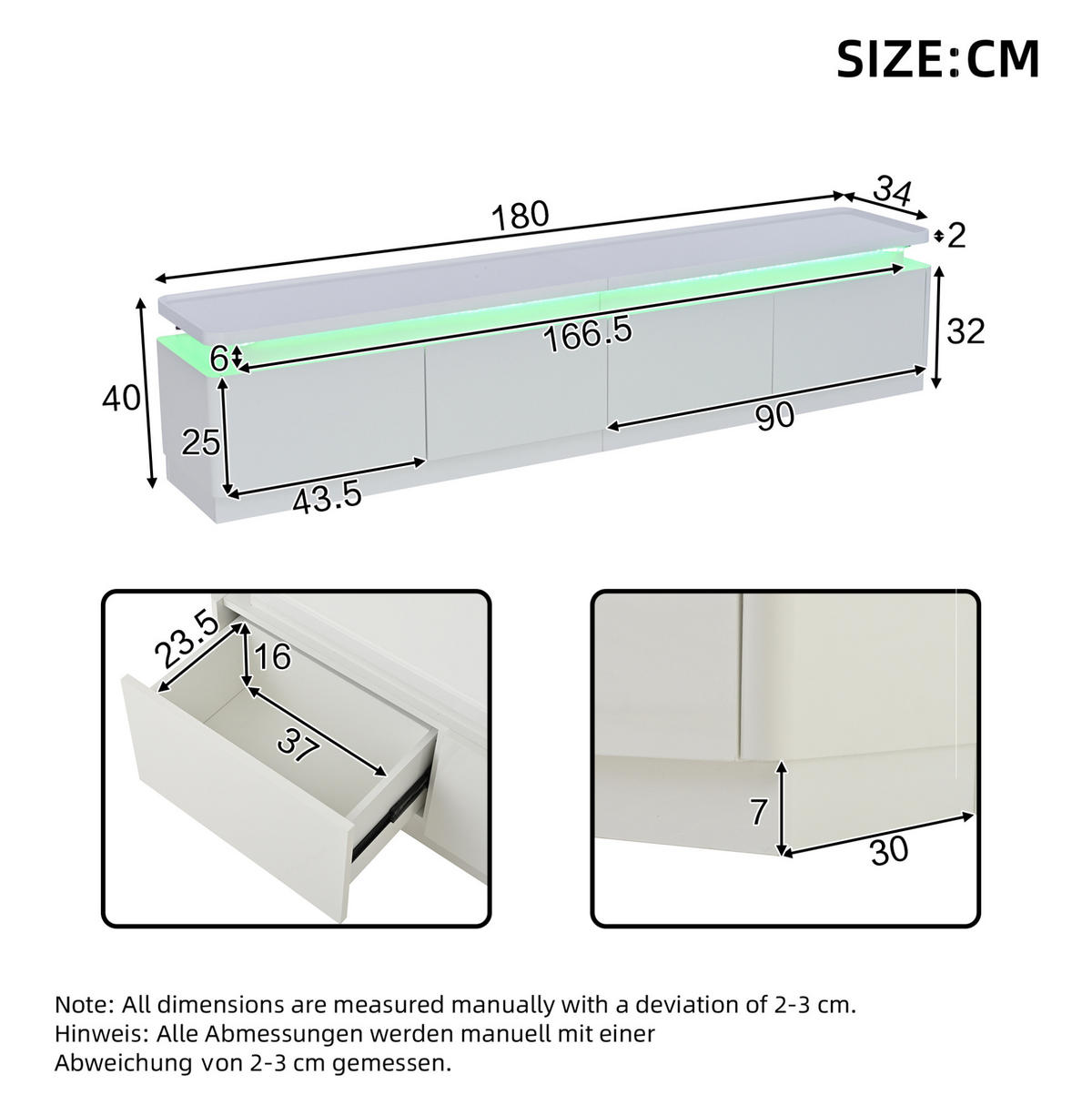 TV-SCHRANK mit 4 Schubladen 180 x 34 x 40 cm Hochglanz Weiß mit LED - Weiß, Holzwerkstoff (34/40/180cm) - Beauniv
