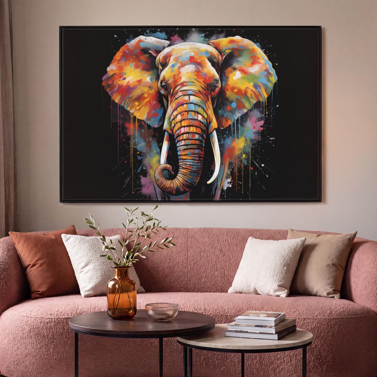 LEINWAND Bilder mit Rahmen - Elefant - Graffiti - Schwarz - Tiere - Farben - 140x90 - Schwarz, Textil (140/90cm) - MuchoWow