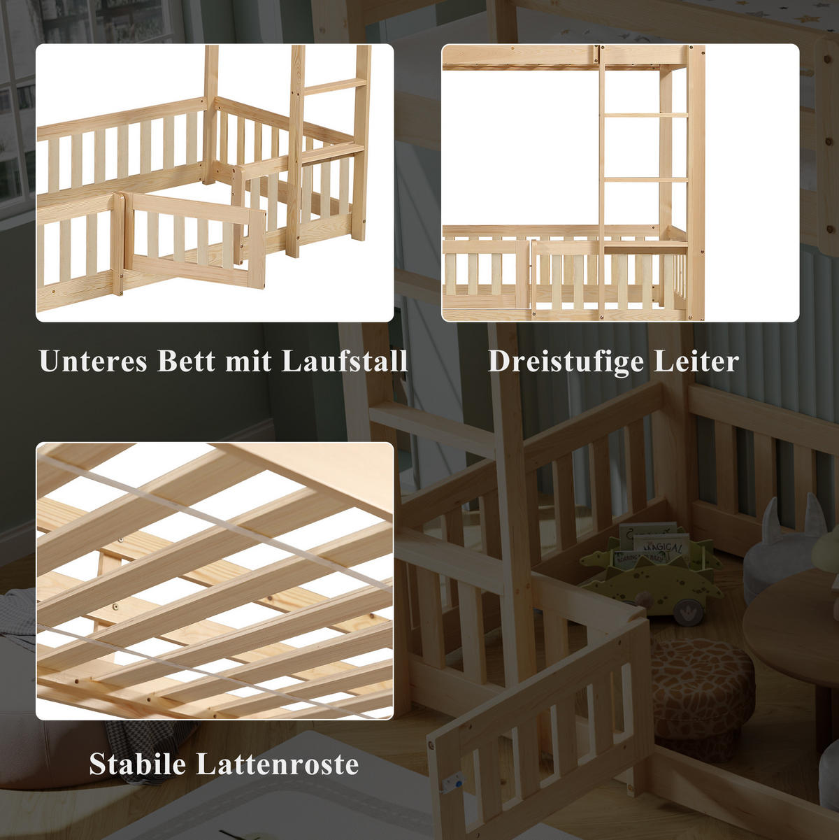 ETAGENBETT 90/200 cm aus Kiefern mit rechtwinkliger Treppe, Tür und freiem Raum darunter, Natur - Naturfarben, Holzwerkstoff (90/200cm) - Redom