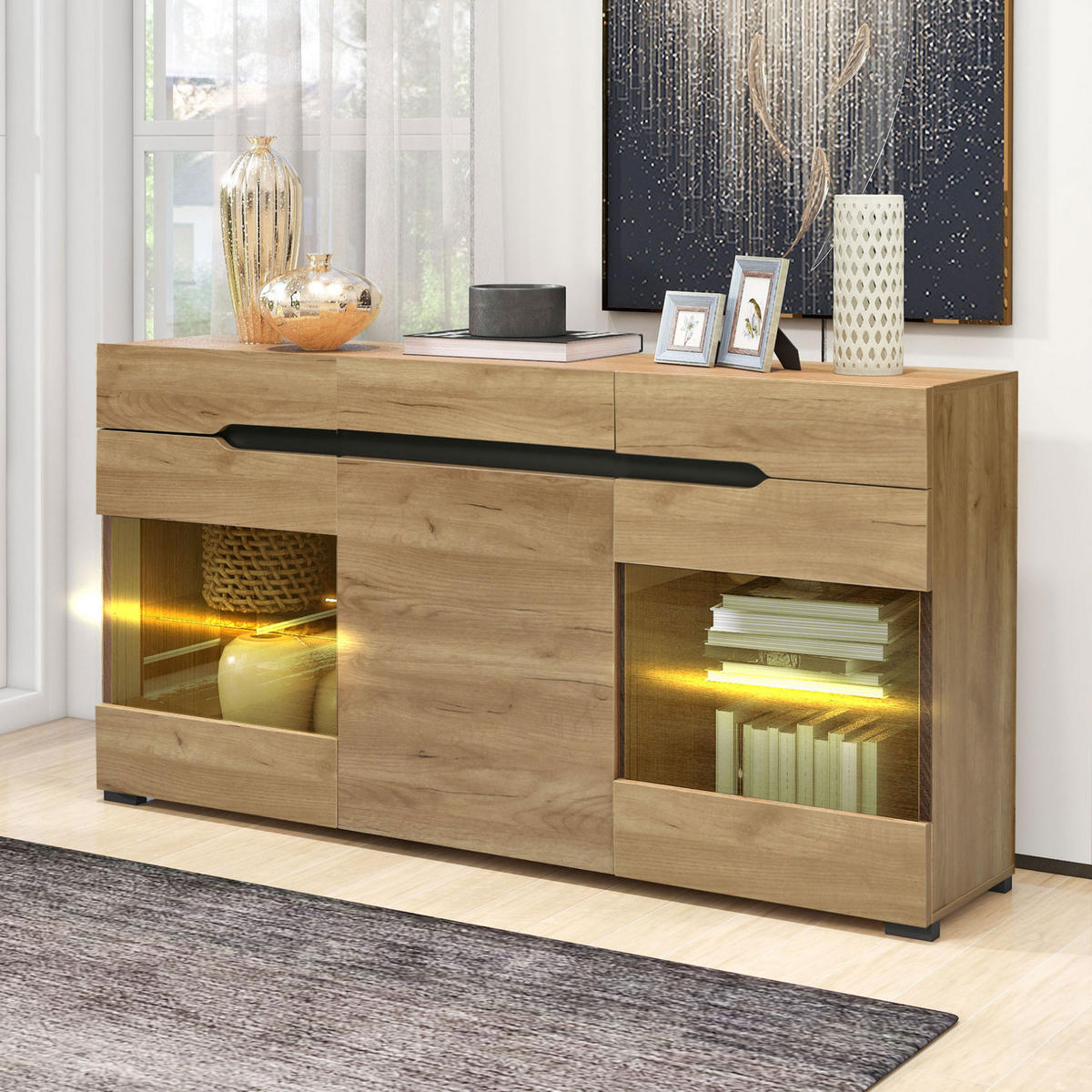 SIDEBOARD 140/35/80 cm Eichefarben aus Spanplatte mit LED-Beleuchtung - Naturfarben, Holzwerkstoff (35/80/140cm) - OKMYHOME