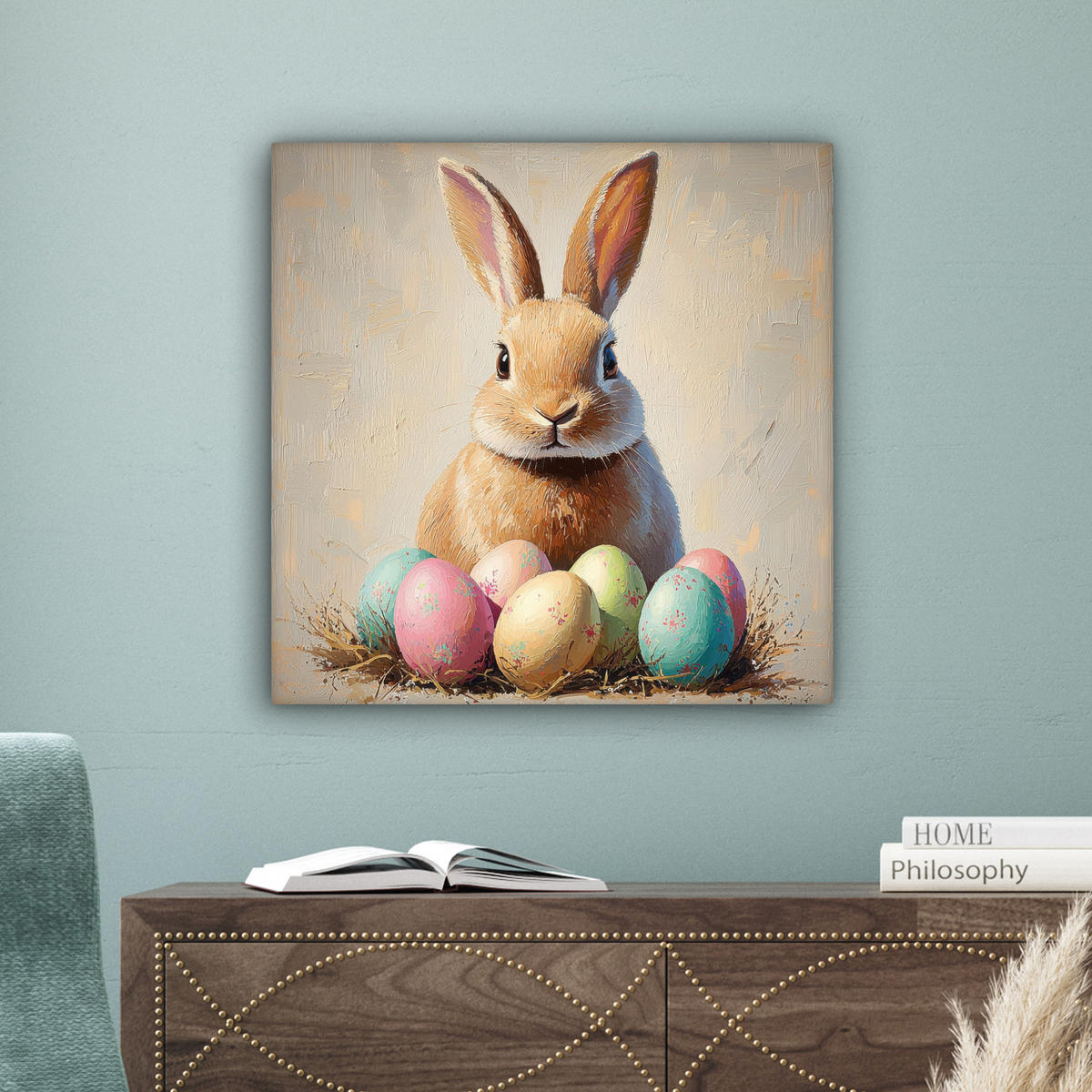 LEINWANDBILD Osterhase - Pastell - Eier Wandbild Wohnzimmer 50x50 cm - Beige, Textil (50/50cm) - MuchoWow
