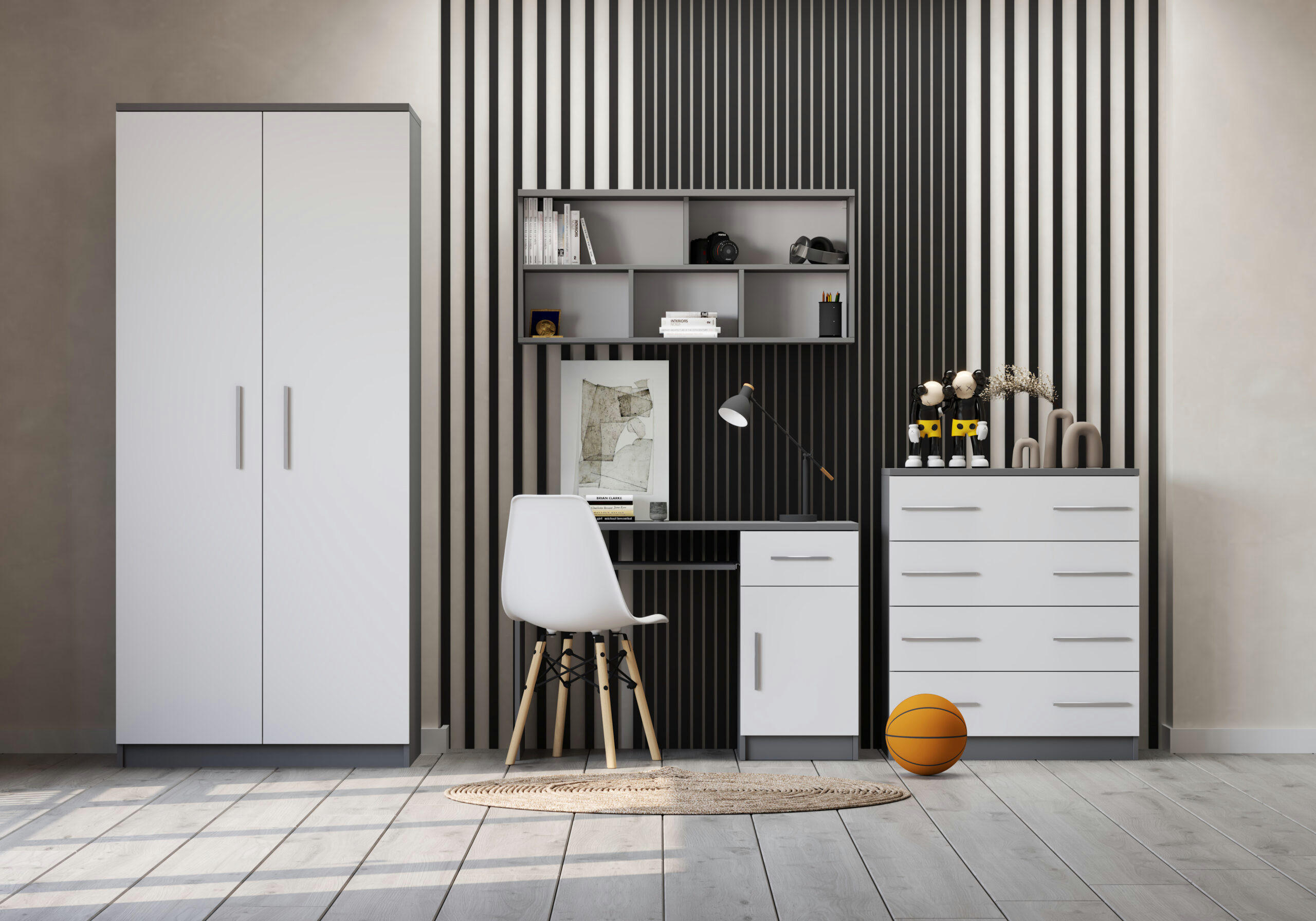 JUGENDZIMMER Arivo in Weiß und Grau 4 teilig Kinderzimmer Komplett Set mit Kleiderschrank, Schreibtisch, Kommode und Wandregal - Weiß, Holzwerkstoff (80/200/120cm)