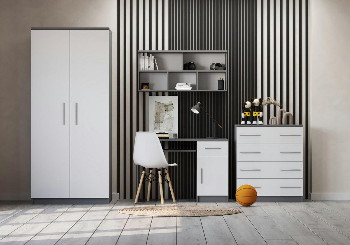 JUGENDZIMMER Arivo in Weiß und Grau 4 teilig Kinderzimmer Komplett Set mit Kleiderschrank, Schreibtisch, Kommode und Wandregal - Weiß, Holzwerkstoff (80/200/120cm)