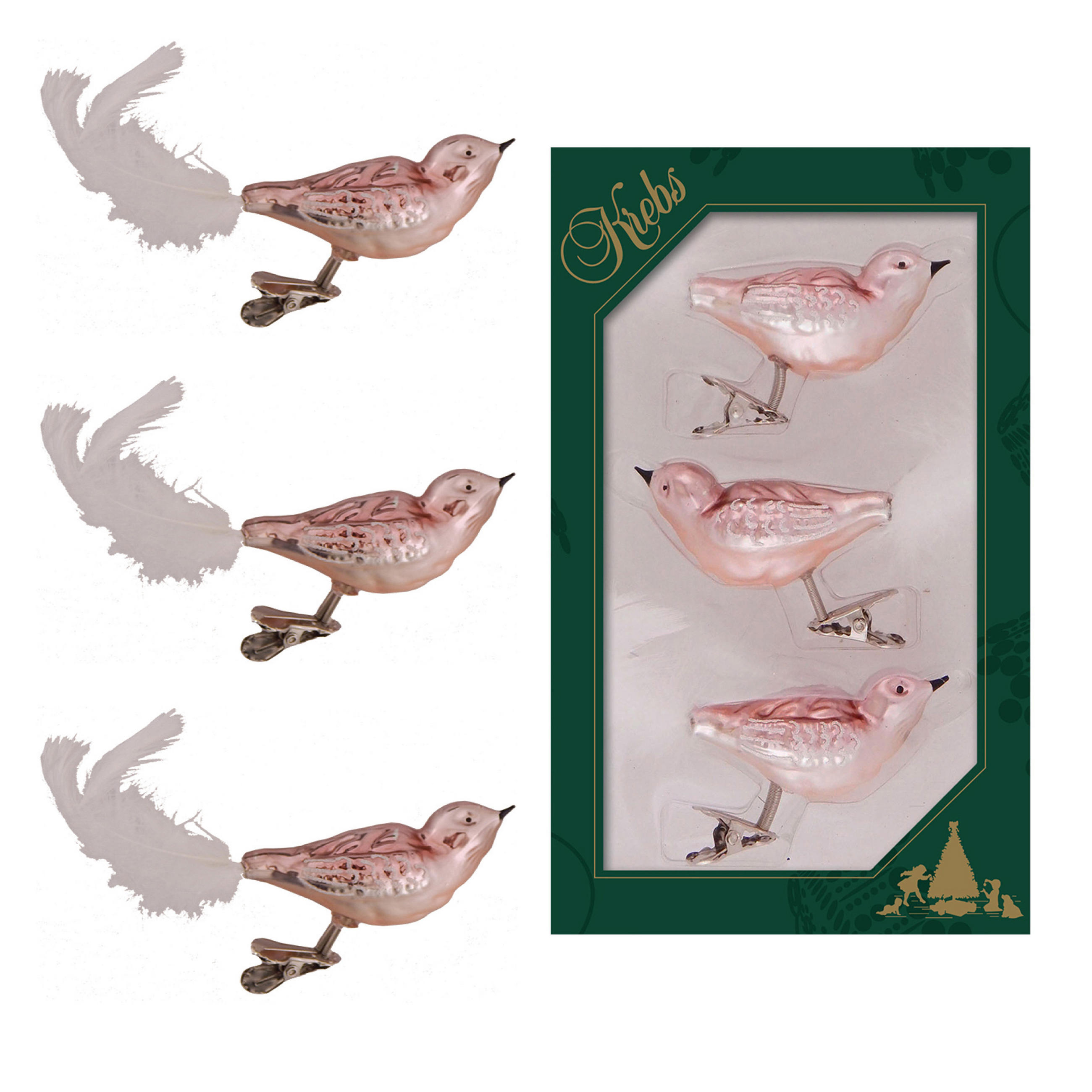 CHRISTBAUMSCHMUCK Korallenvögel Rosa 9cm (Glas / 3 Stk.) - Rosa, Glas (4/4/9cm) - Krebs Glas Lauscha