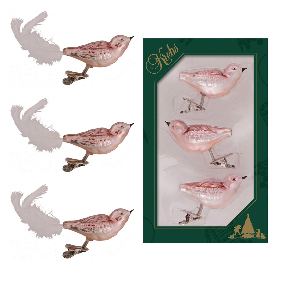 CHRISTBAUMSCHMUCK Korallenvögel Rosa 9cm (Glas / 3 Stk.) - Rosa, Glas (4/4/9cm) - Krebs Glas Lauscha