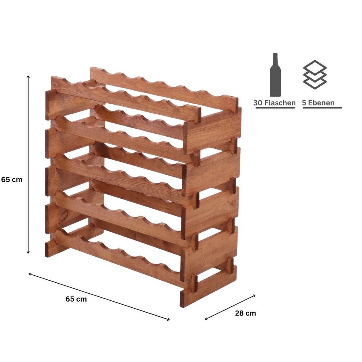 WEINREGAL VINOTECA FLEX PRO HxBxT 65x65x28cm 30 Flaschen auf 5 Ebenen Braun geölt - Braun, Holz (65/65/28cm) - PROREGAL