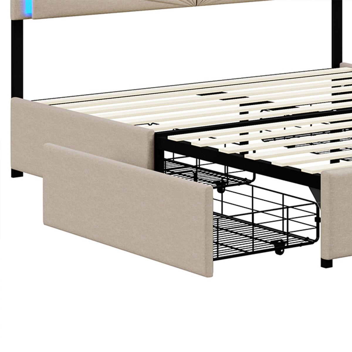 POLSTERBETT 160x200 cm mit Stauraum, Doppelbett 160 x 200 mit LED-Beleuchtung, 4 Schubladen, Lattenrost, beige Leinenstoff - Beige, Holz/Holzwerkstoff (160/200cm) - GENKI LIVING