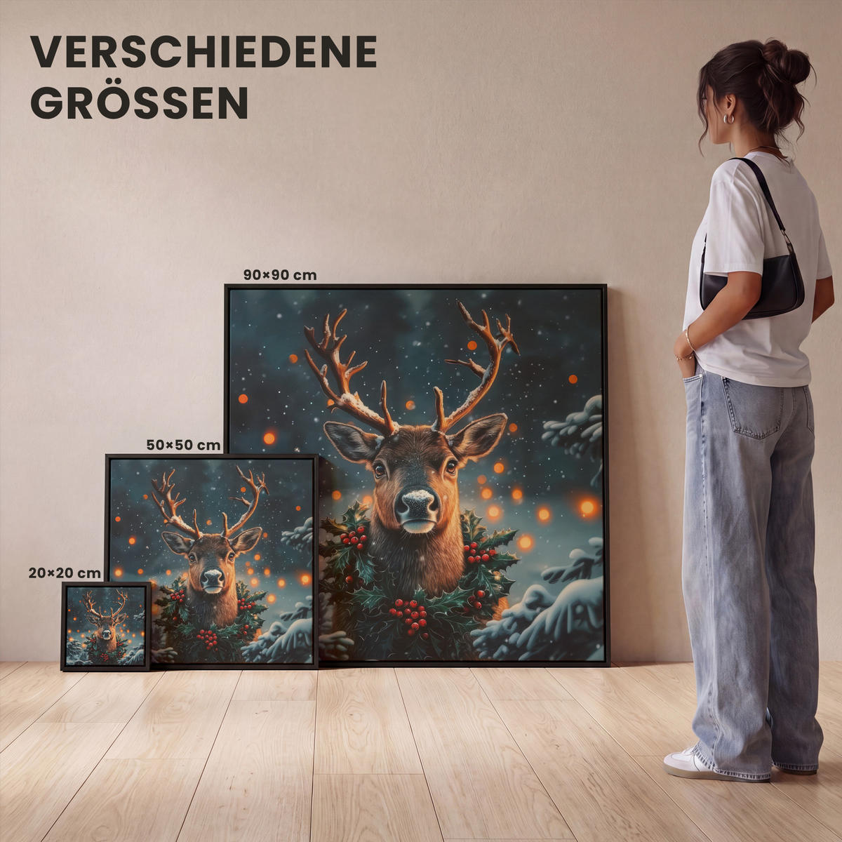 LEINWAND Bilder mit Rahmen - Hirsch - Weihnachten - Winter - Schnee - Weihnachtskranz - 50x50 - Dunkelbraun, Textil (50/50cm) - MuchoWow
