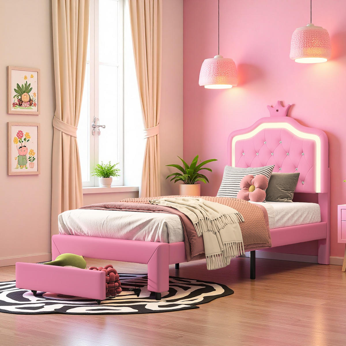KINDERBETT 90x200 Rosa Krone LED Kinderzimmer - Pink, Holzwerkstoff (90/200cm) - SHOPENTRA