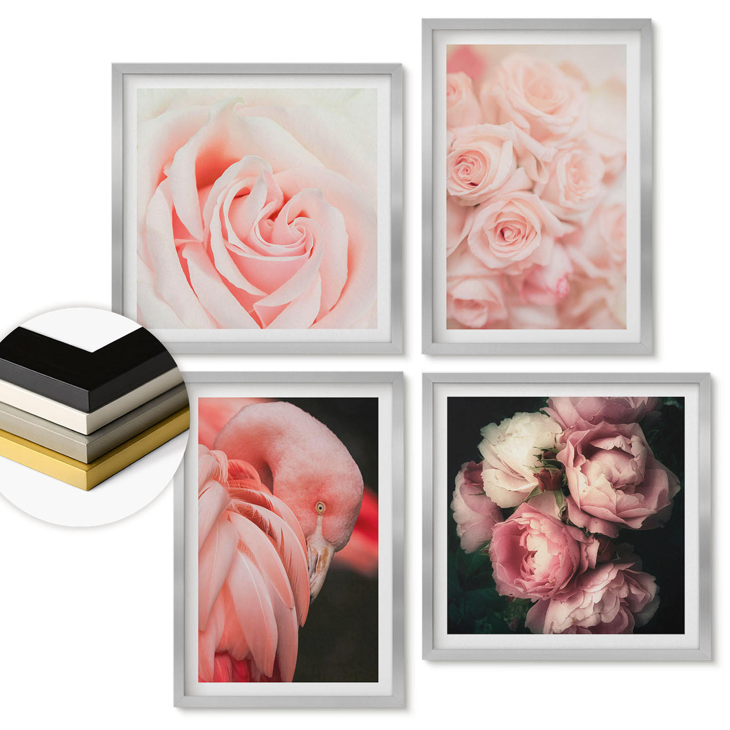 WANDBILDER 4er Set - 50x50 cm & 40x60 cm Silberner Rahmen - Pastellrosa Flamingos - Silberfarben, Kunststoff (50/50cm) - ArtPrintCave