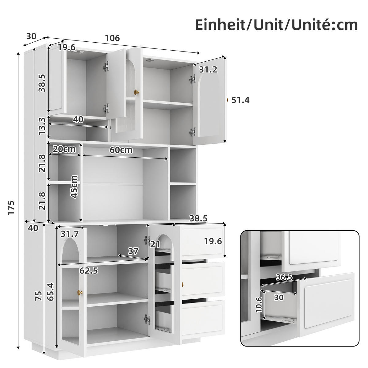 GESCHIRRSCHRANK Acryl Türen LED Bar Weiß - Weiß, Holzwerkstoff (106/175/30cm) - FLIEKS