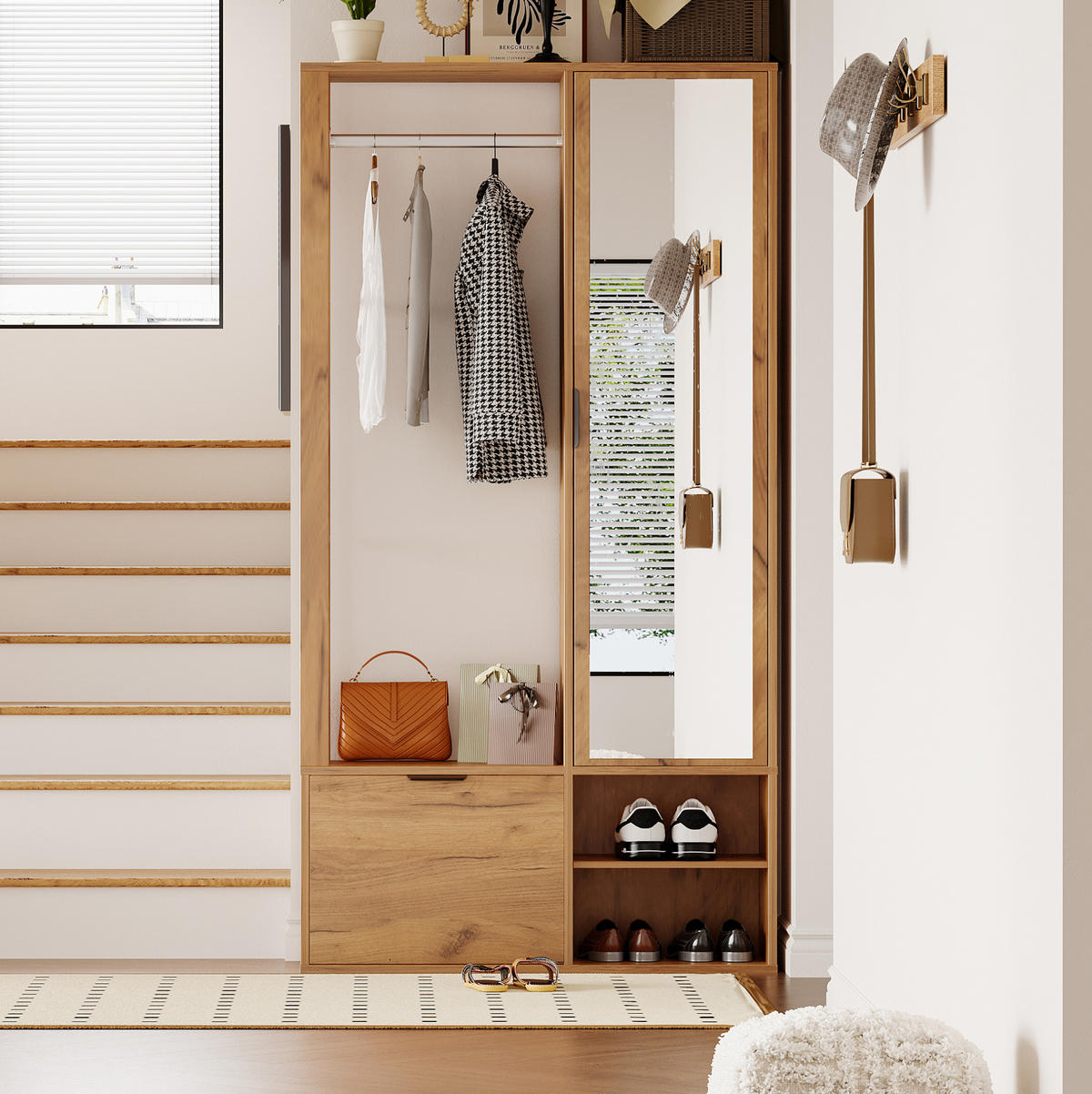 GARDEROBE 100/190/33 cm natürliche Holzfarbe aus Spanplatte mit Spiegel - Naturfarben, Holzwerkstoff (33/190/100cm) - OKMYHOME