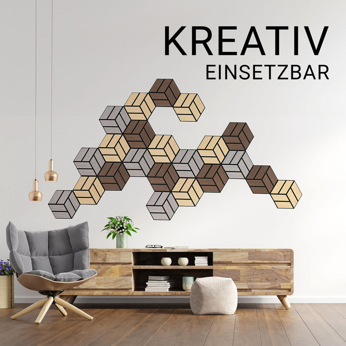 AKUSTIKPANEEL Hexagon Natur 4 Stück - Naturfarben, Holz (30/26/2cm) - Homestyle4u