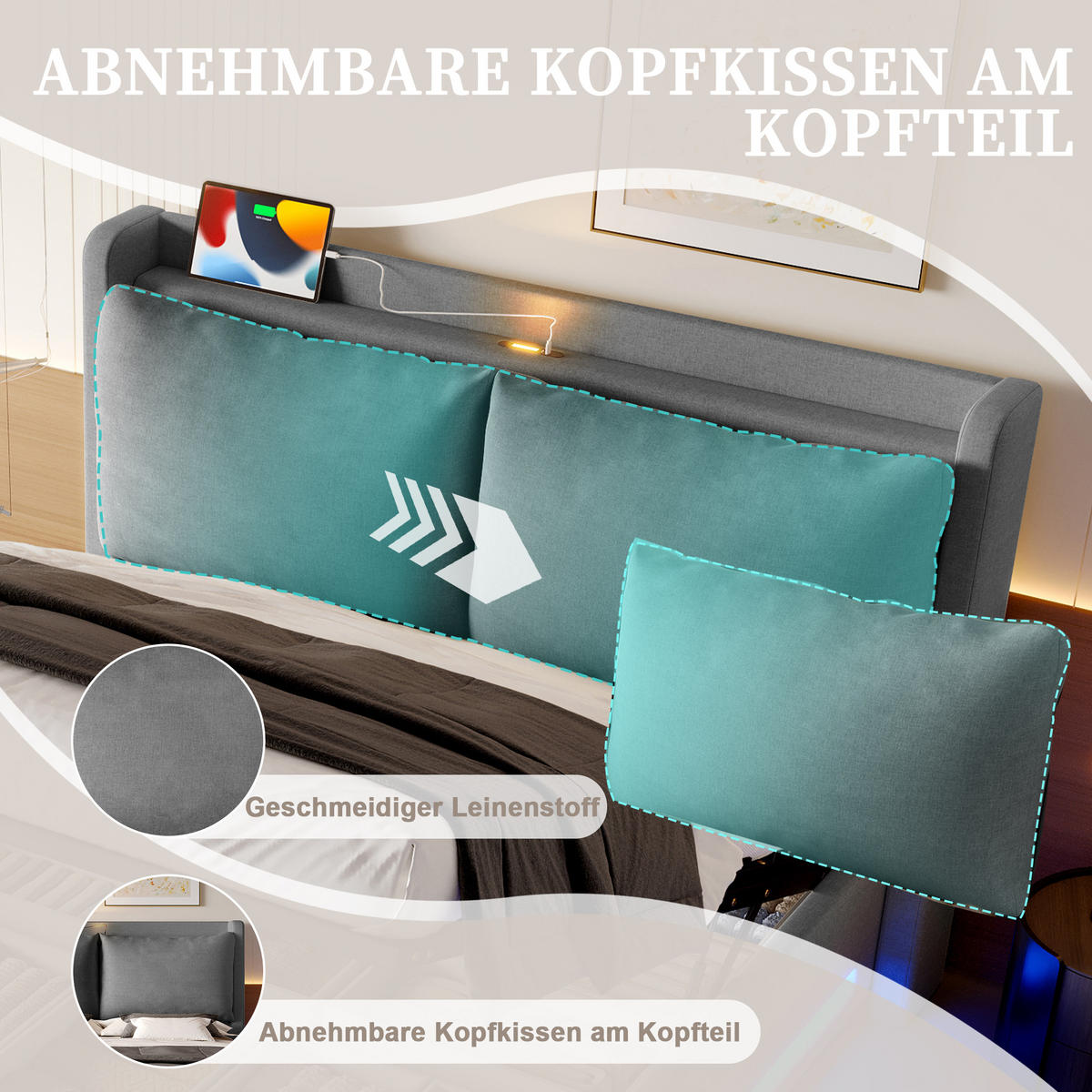 POLSTERBETT 140x200 cm LED USB Stauraum - Dunkelgrau, Textil (140/200cm) - LEBENLANG