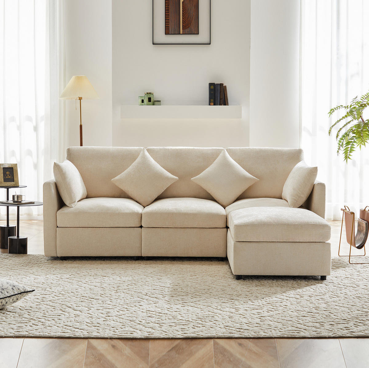 ECKSOFA 216/161/81 cm Beige aus Chenille mit Hocker und 4 Kissen - Beige, Textil (161/216cm) - OKWISH