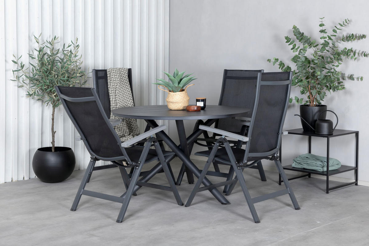 GARTENTISCHGRUPPE, Alma, Tisch Schwarz, Stühle Schwarz, HDPE, 120 x 120 x 75 cm, 5-teilig - Schwarz, Kunststoff - ebuy24