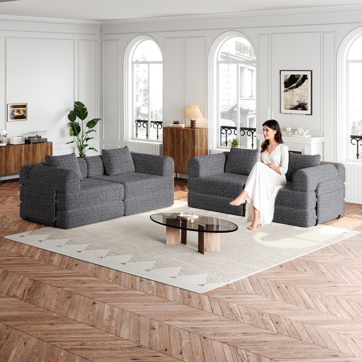 SCHLAFSOFA, Chenille 2-in-1 mit Armlehnen-Staufach & Stahlrahmen, 91,4/183,8/69,8 cm, Grau - Grau, Textil (91.4/69.8/183.8cm) - Redom