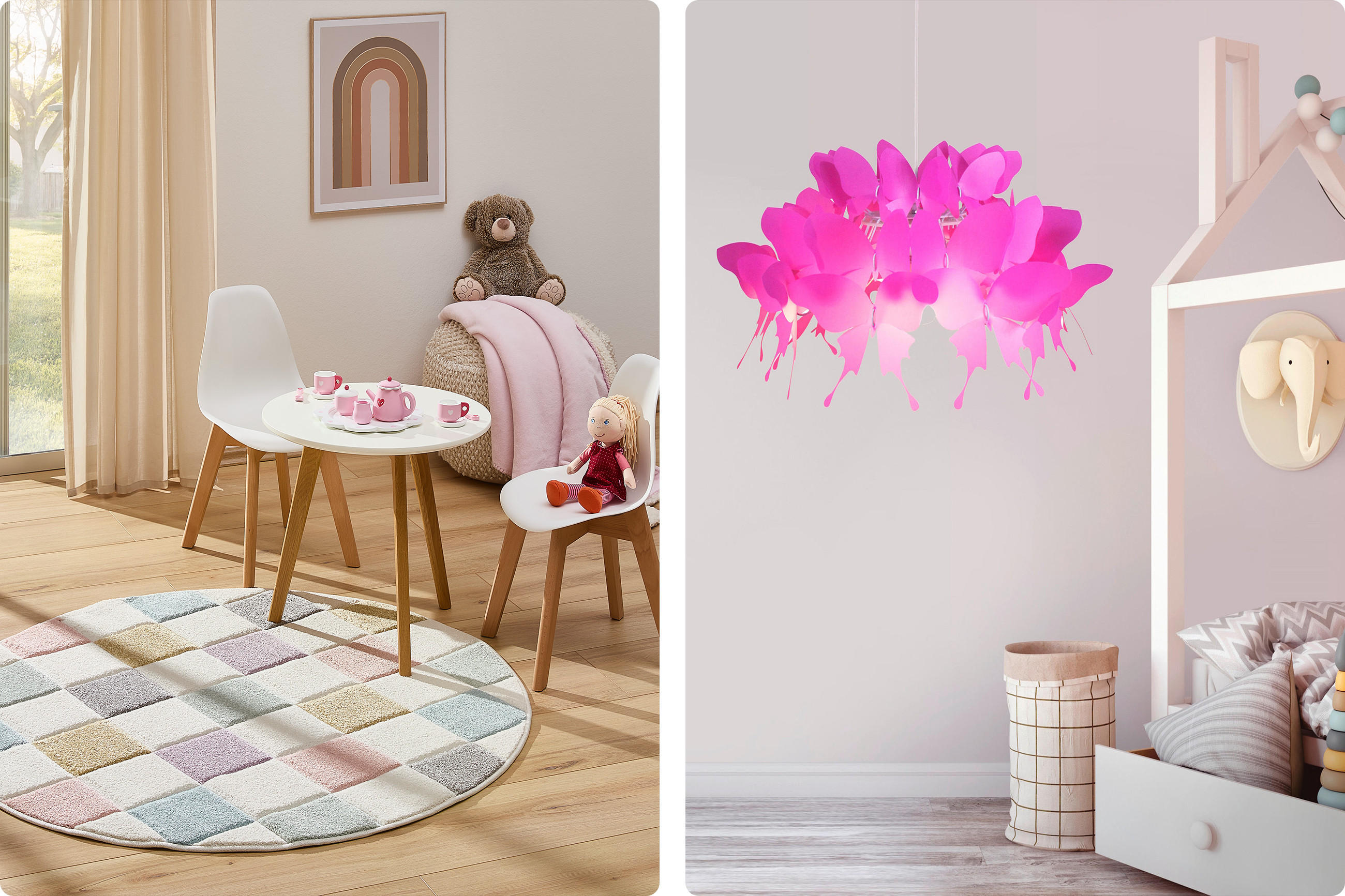 Kinderspielecke mit rundem Teppich, kleinem weißen Tisch, zwei weißen Stühlen, Kuscheltier und Puppen im hellen Raum neben Fenster und Vorhang.