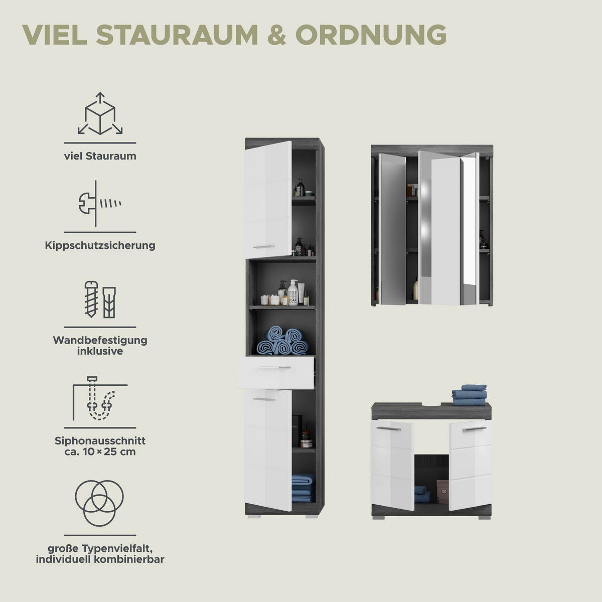 BADKOMBINATION 3tlg. Scout Bad in Rauchsilber Nachbildung und weiß hochglanz B/H/T: 112x191x34 cm - Anthrazit, Holz (112/191/34cm)