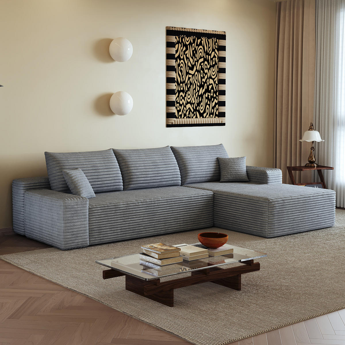 ECKSOFA 270/175/83 cm Grau Cord mit Chaiselongue, Rechte Seite - Grau, Textil (270/175cm) - Oxeza