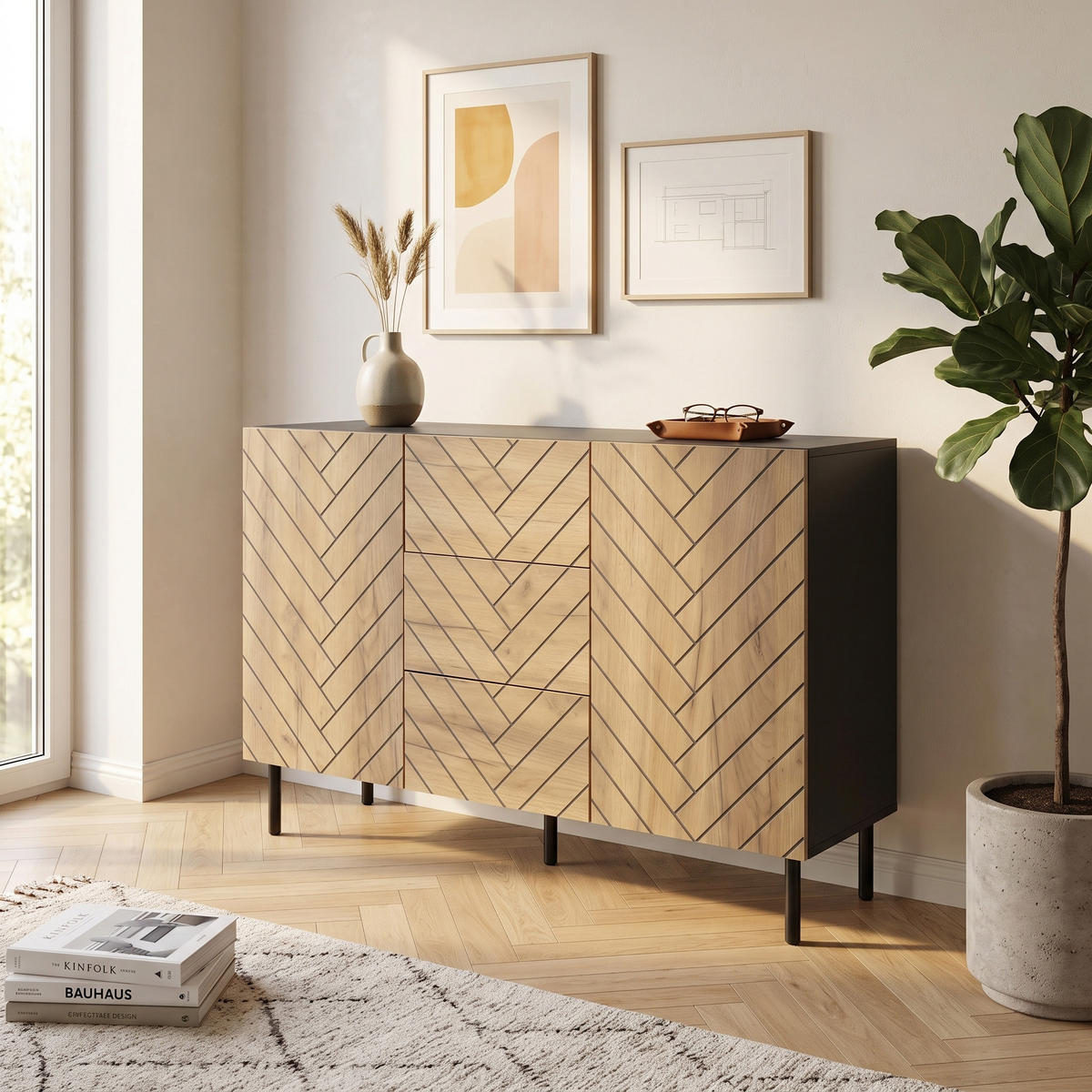 BUFET 120 cm aspect lemn și negru cu 3 sertare și 2 uși - culoare naturală, compozit lemnos (120/76/40cm) - Urban Meuble