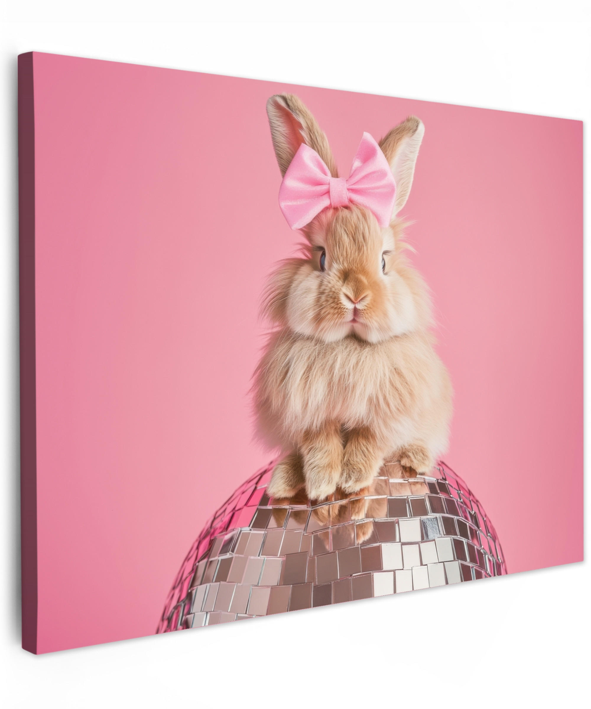 LEINWANDBILD Schleife - Discoball - Kaninchen Wandbild 40x30 cm - Pink, Textil (40/30cm) - MuchoWow