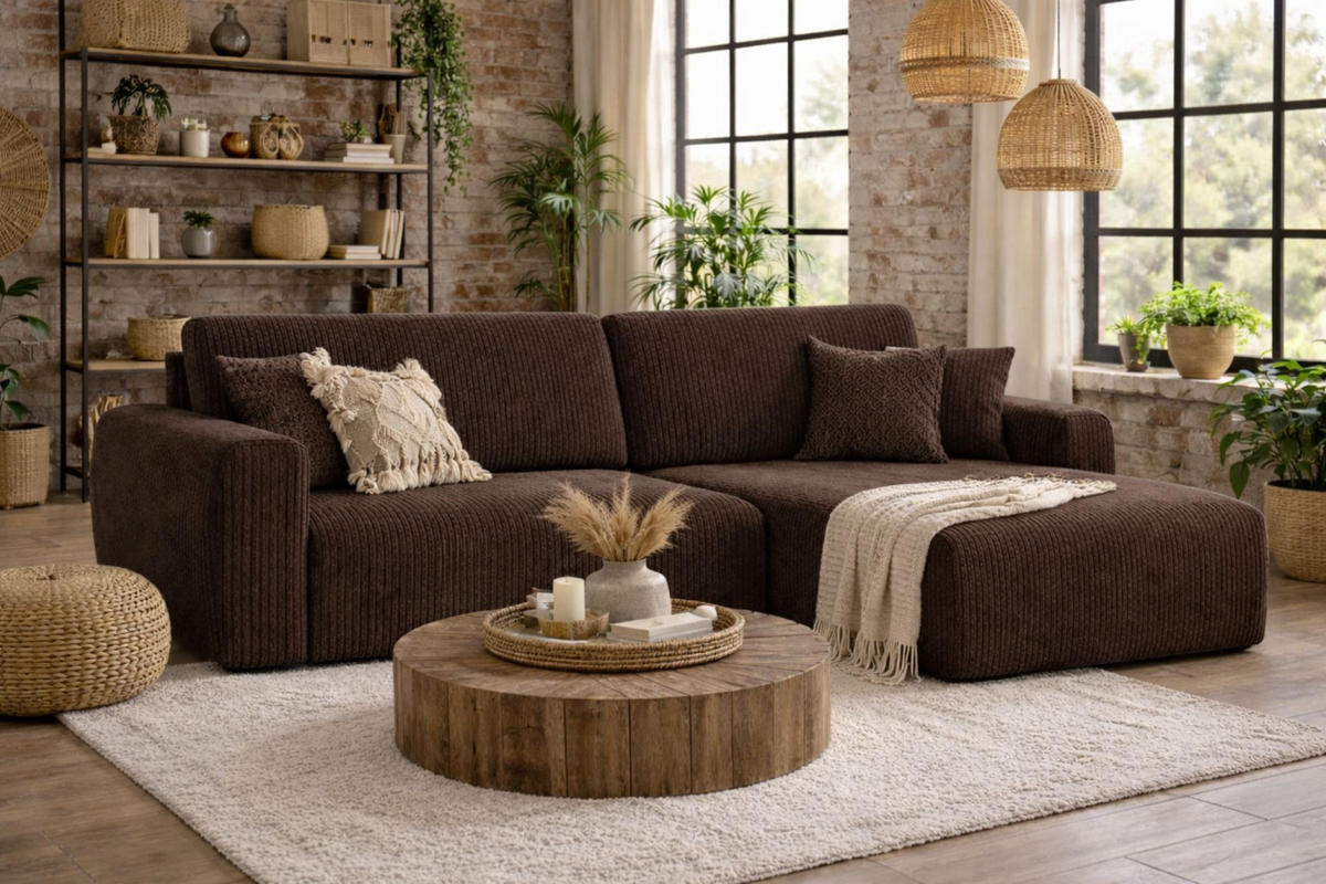 ECKSOFA Mit Schlaffunktion Ariel L, Cordstoff, Stoff Poso, Braun, Rechts - Braun, Holz (250/142cm) - Kaiser Möbel