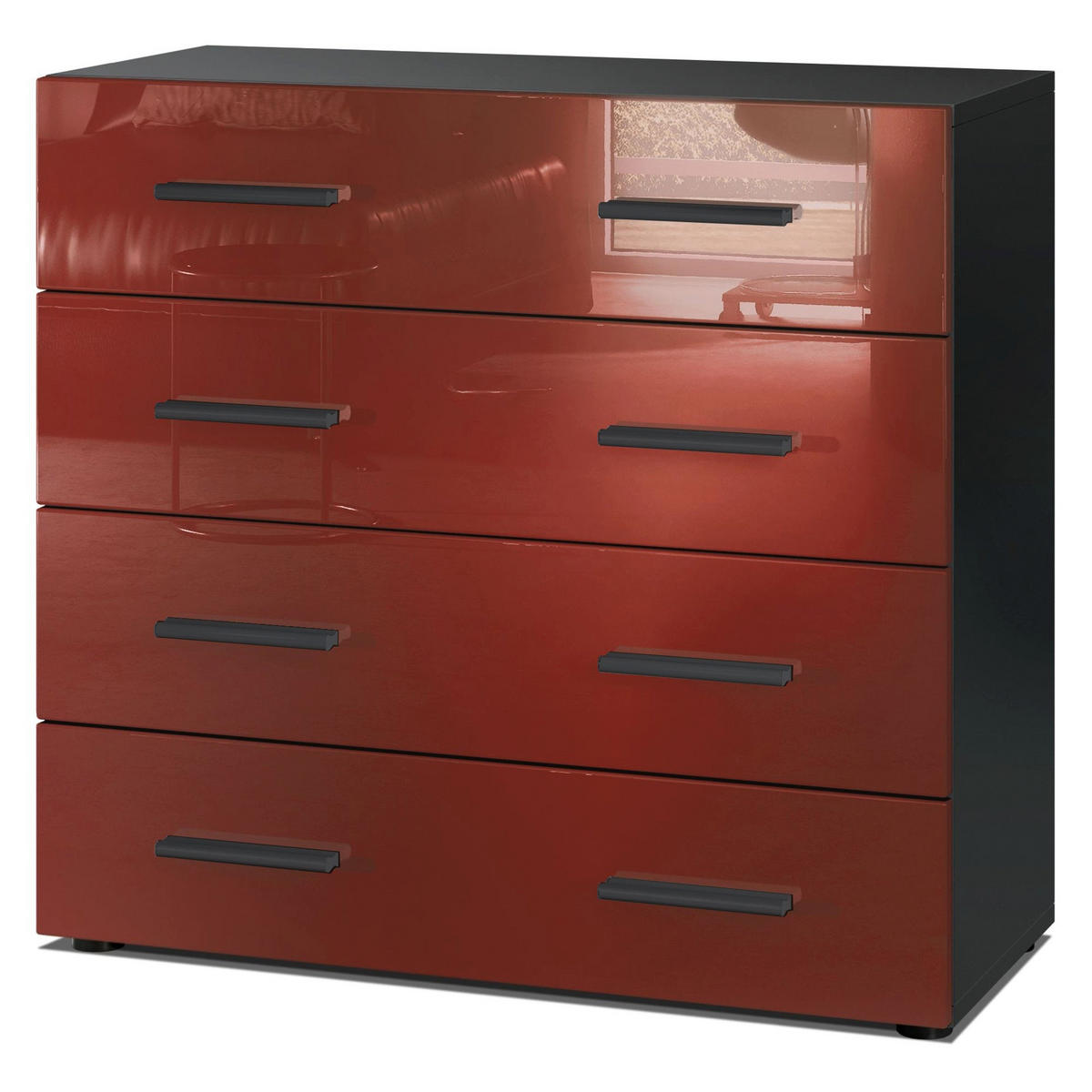 KOMMODE Den, Sideboard mit 4 Schubladen, Made in Germany, Moderner Schrank, Schwarz matt / Bordeaux Hochglanz (76 x 72 x 35 cm) - Bordeaux, Holzwerkstoff (76/72/33cm) - InnoFurn