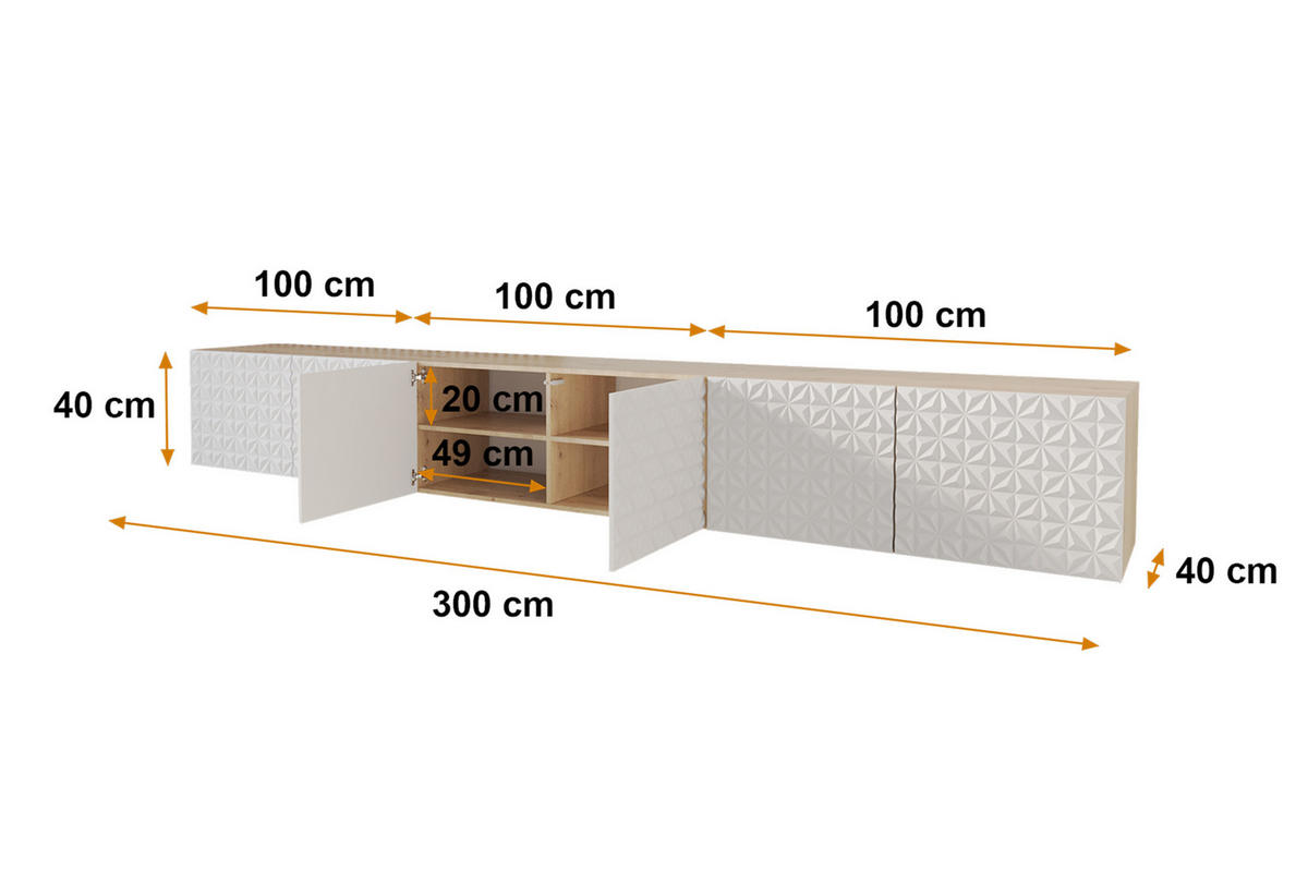 LOWBOARD VIRA-W 3x100x40x40 cm - Artisan / Weiß - Weiß, Holzwerkstoff (300/40/40cm) - ALTDECOR