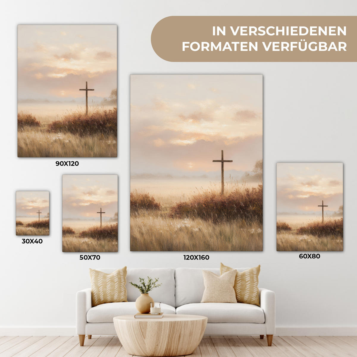 LEINWANDBILD Gras - Morgennebel - Kreuz - Christentum Room Decor 30x40 cm - Beige, Textil (30/40cm) - MuchoWow