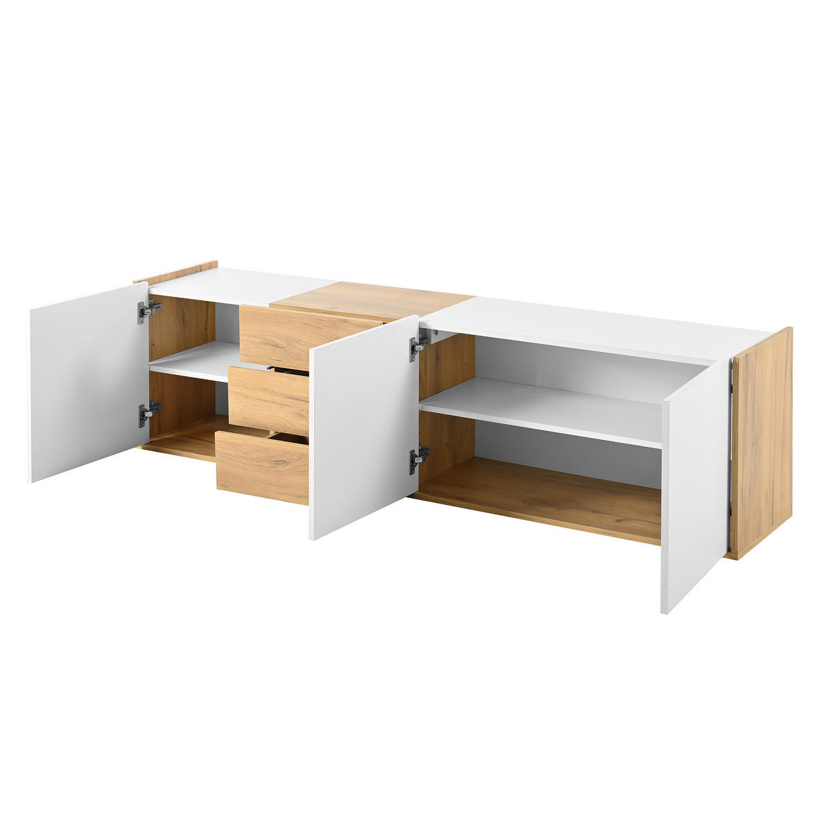 TV stolek z MDF 171,5x35x47 cm bílý v dekoru dřeva se 3 dvířky, 3 zásuvkami a možností montáže na stěnu - bílá, kompozitní dřevo (171.5/47/35cm) - Modfu