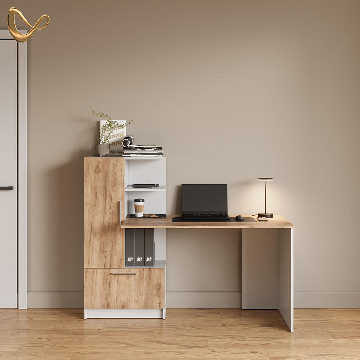 SCHREIBTISCH Lorena Weiß/Goldkraft Eiche 150 x 120.1 cm mit 2 Türen - Honigeiche/Weiß, Holzwerkstoff (59.3/150/120.1cm) - Livinity®