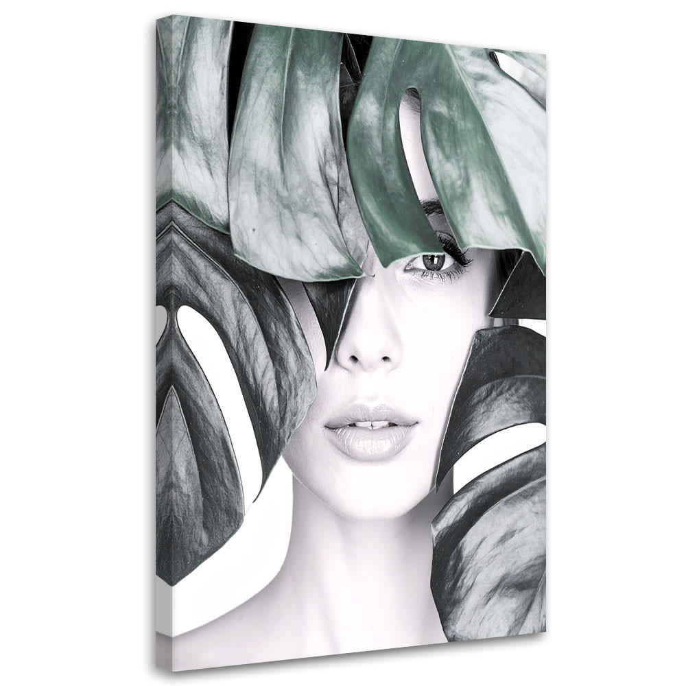 LEINWANDBILD Porträt einer Frau und Monstera-Blättern 60x90cm - Grau, Textil (60/90cm) - Feeby