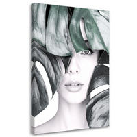 LEINWANDBILD Porträt einer Frau und Monstera-Blättern 60x90cm - Grau, Textil (60/90cm) - Feeby